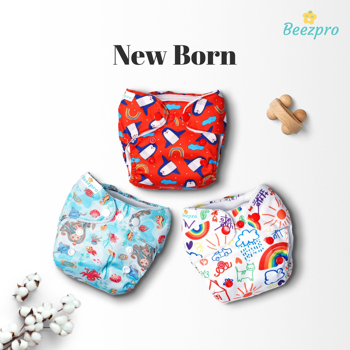 (Pack of 3) New Born Reusuable Cloth Diaper (Mixed Colors Only)