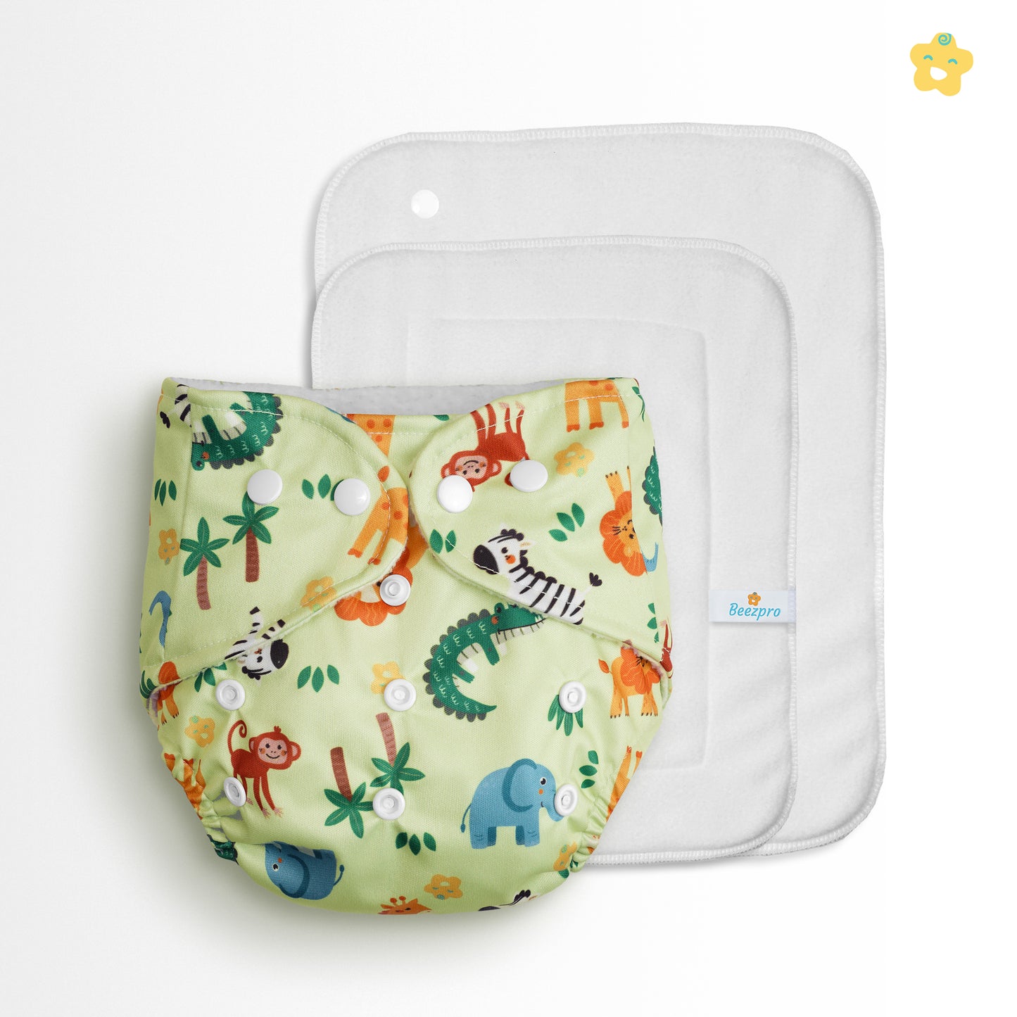 Safe Bottoms Reusuable Cloth Diaper + Extra 1 Insert (Light Green Jungle Animals)