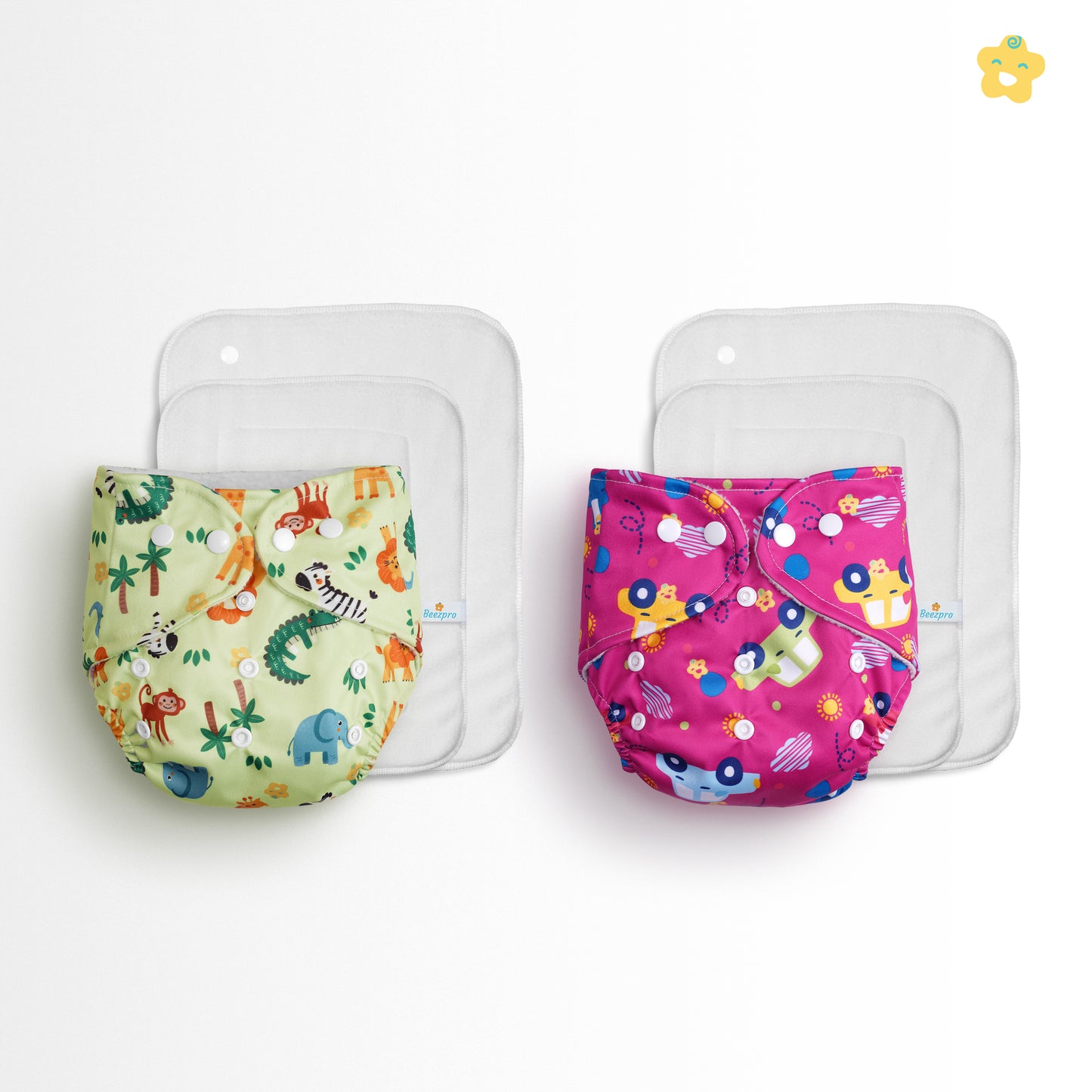 (Pack of 2) Reusuable Cloth Diaper + Extra 2 inserts (Mixed Colors Only)