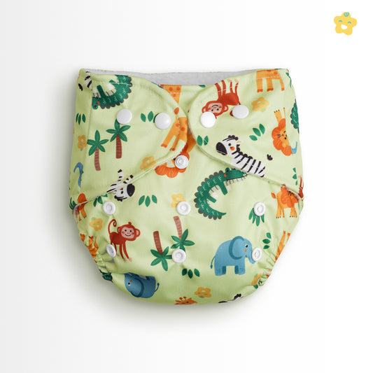 Safe Bottoms Reusuable Cloth Diaper + Extra 1 Insert (Light Green Jungle Animals)