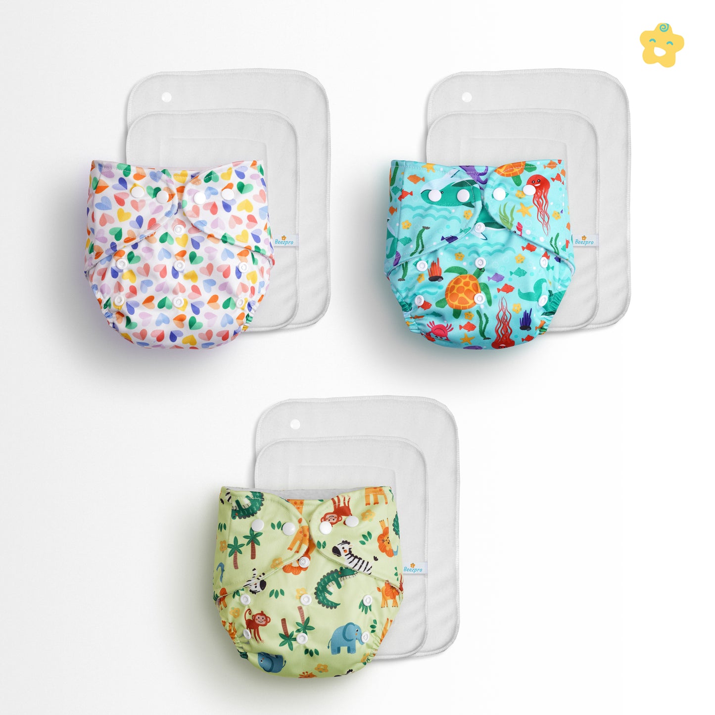 (Pack of 3) Reusuable cloth diapers + Extra 3 inserts (Mixed Colors Only)