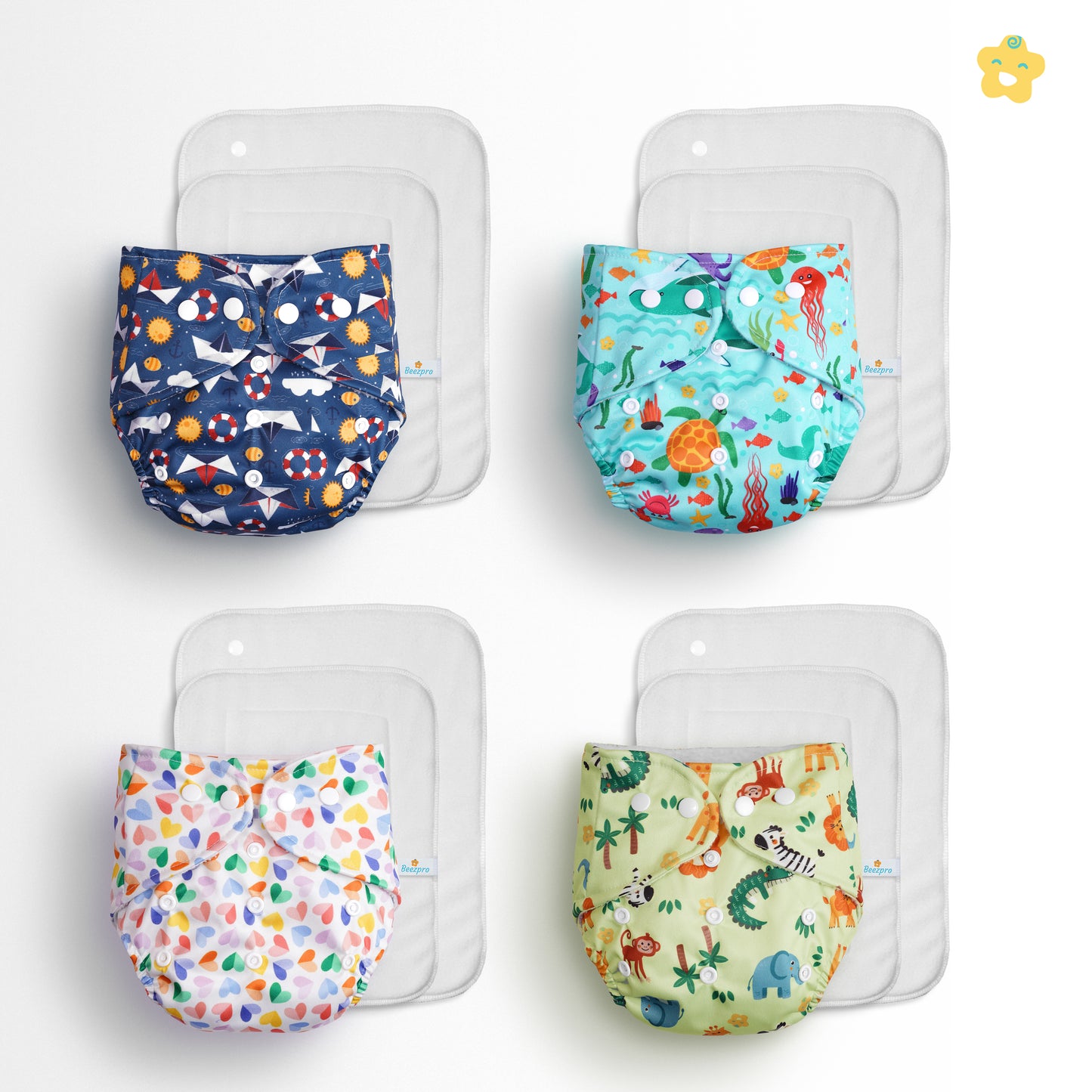 (Pack of 4) Reusuable cloth diapers + Extra 4 inserts (Mixed Colours Only)