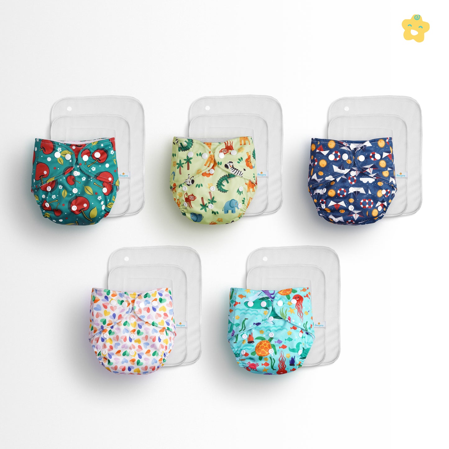 (Pack of 5) Reusuable cloth diapers + Extra 5 inserts (Mixed Colours Only)