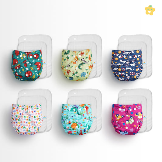 (Pack of 6) Reusuable cloth diapers + Extra 6 inserts (Mixed Colours Only)