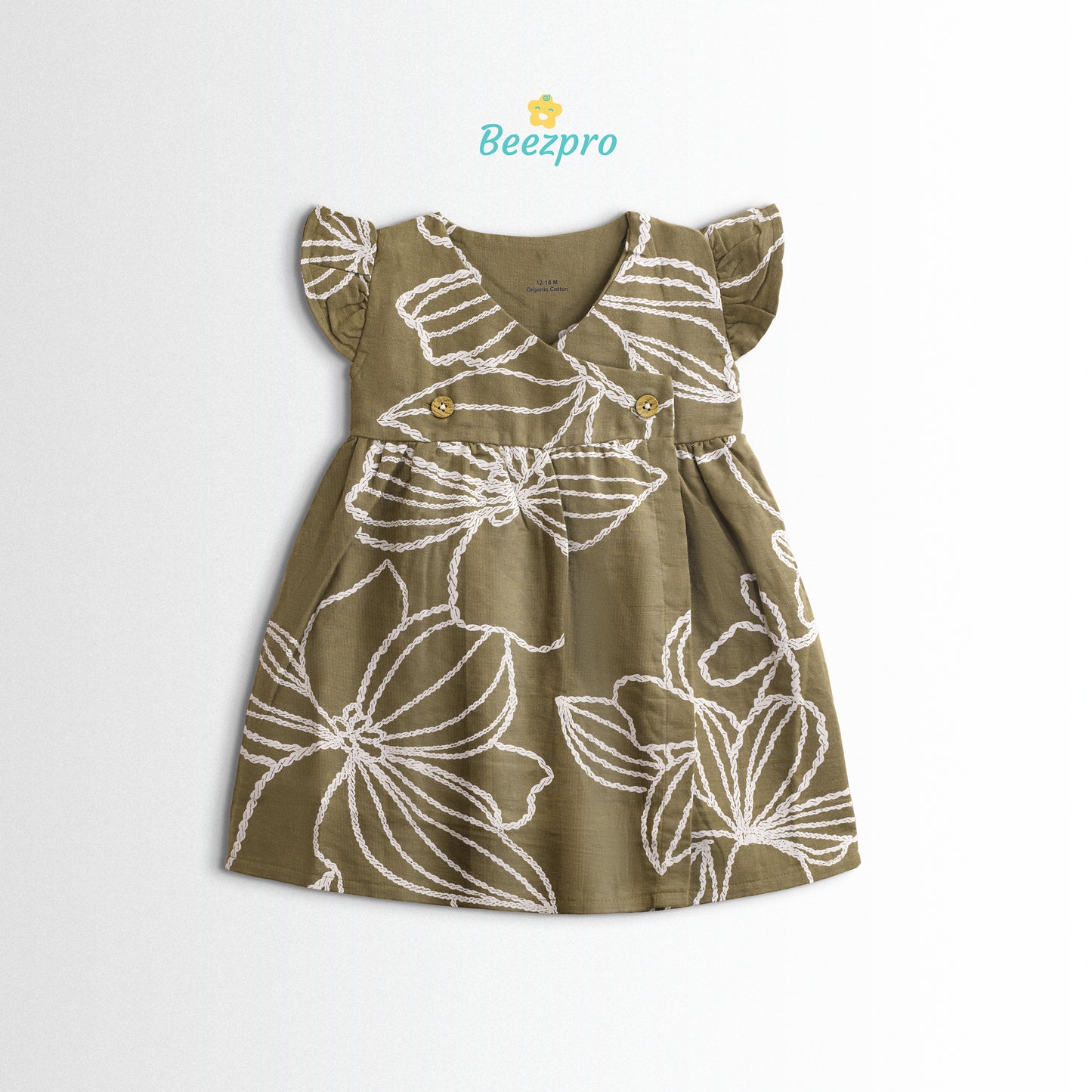 Organic Cotton Muslin Frock – Olive Green Blooms