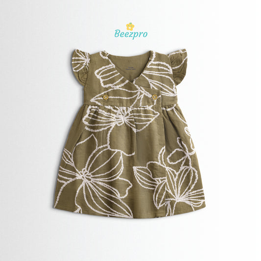 Organic Cotton Muslin Frock – Olive Green Blooms
