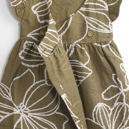 Organic Cotton Muslin Frock – Olive Green Blooms