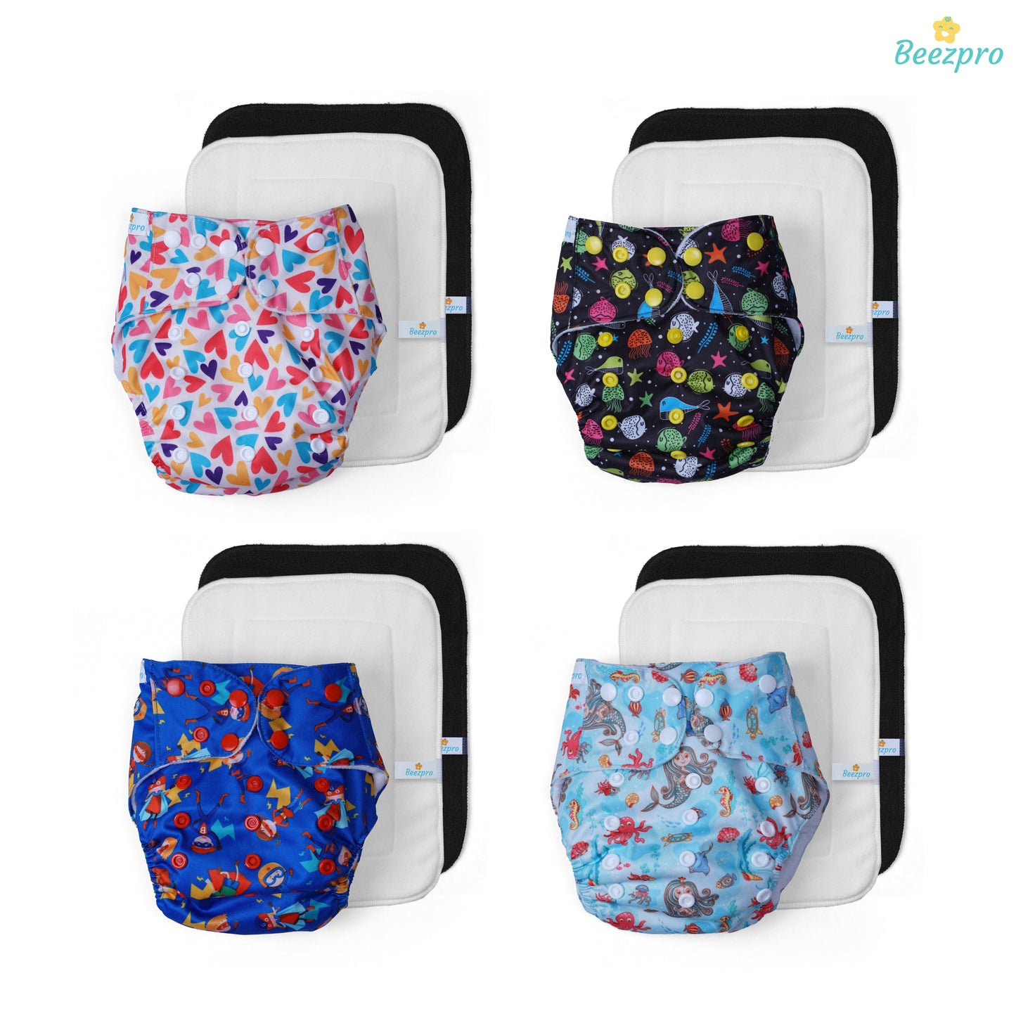 (Pack of 4) Reusuable cloth diapers (Mixed Colours Only)