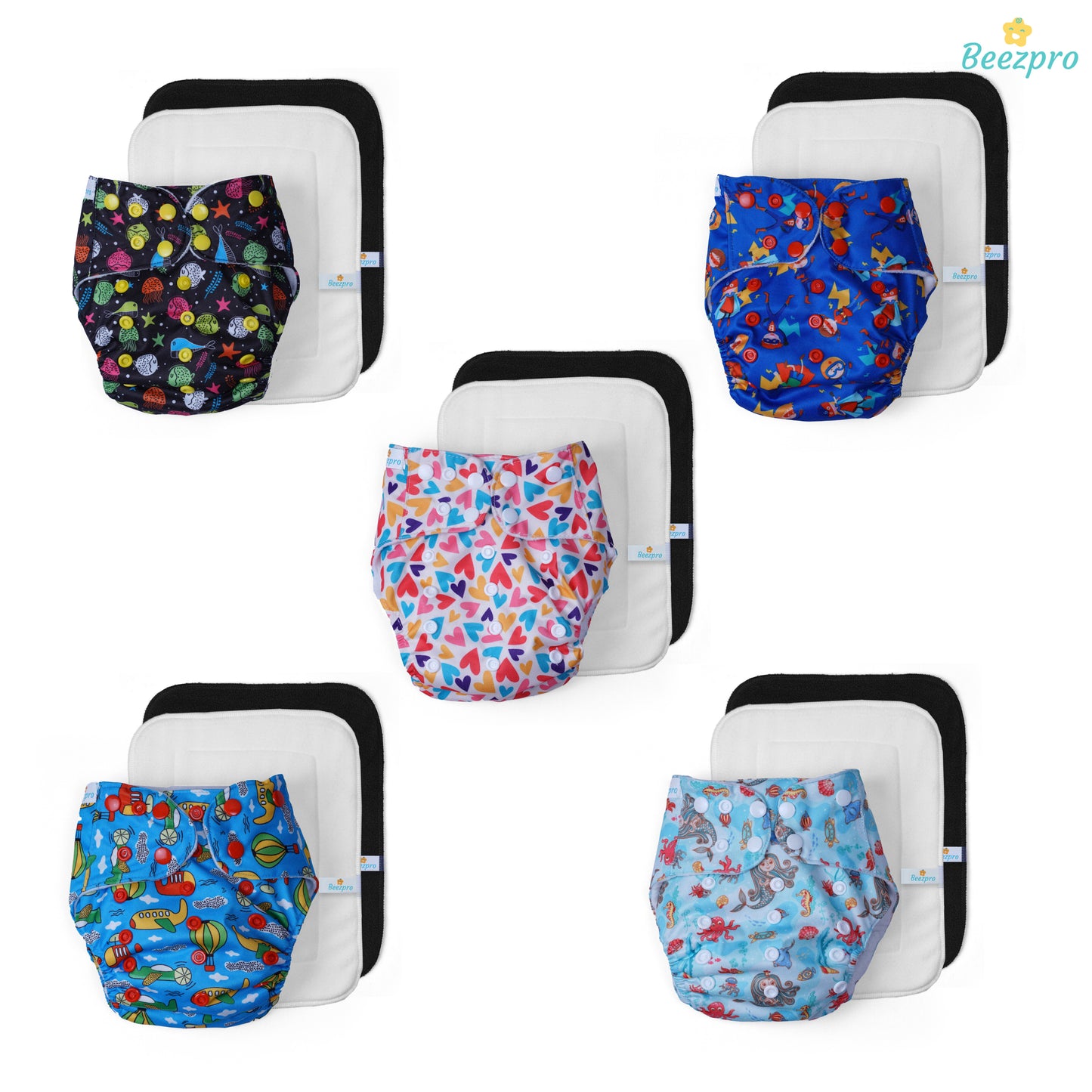 (Pack of 5) Reusuable cloth diapers (Mixed Colours Only)