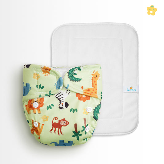 New Born Reusuable Cloth Diaper(Light Green Jungle Animals)